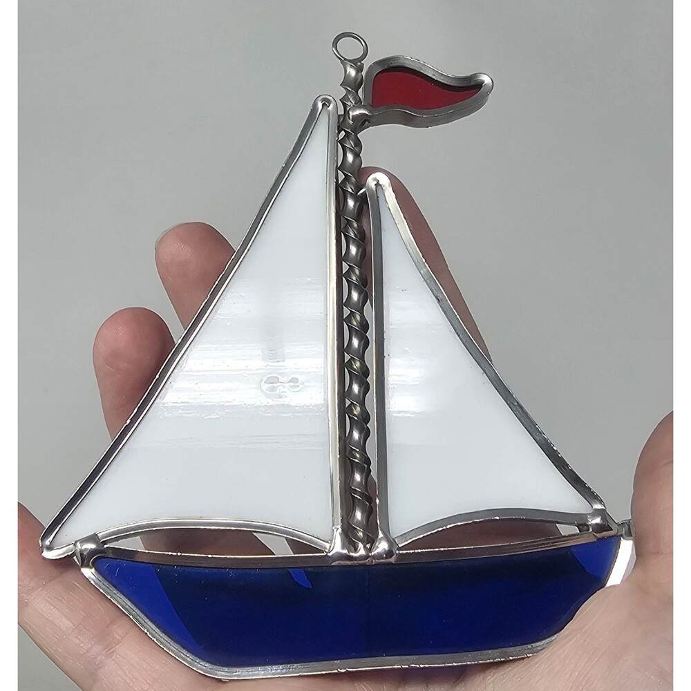 Vintage Sun Catcher Multicolor Stained Glass Ornament Nautical Sailboat 5"x4" - Picture 2 of 6